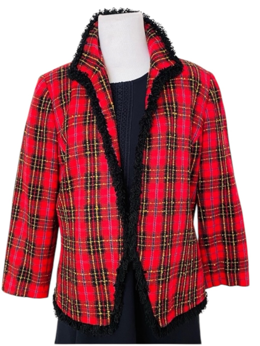 VINTAGE TWEED PLAID BLAZER ACADEMIA PREPPY PUNK 12 JACKET ANTHRACITE RED BLACK